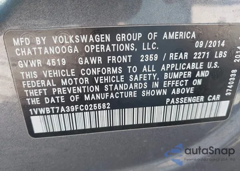 2015 Volkswagen Passat 1.8T Se from USA, damaged, VIN 1VWBT7A39FC025582
